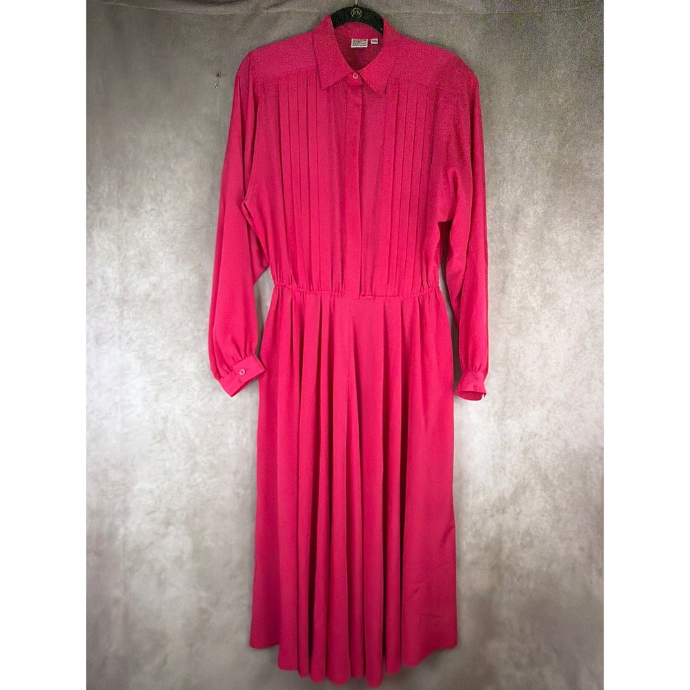 VTG 80s  Speigel Midi Dress Womens 10M Pink Pleated Button Front Long Sleeve